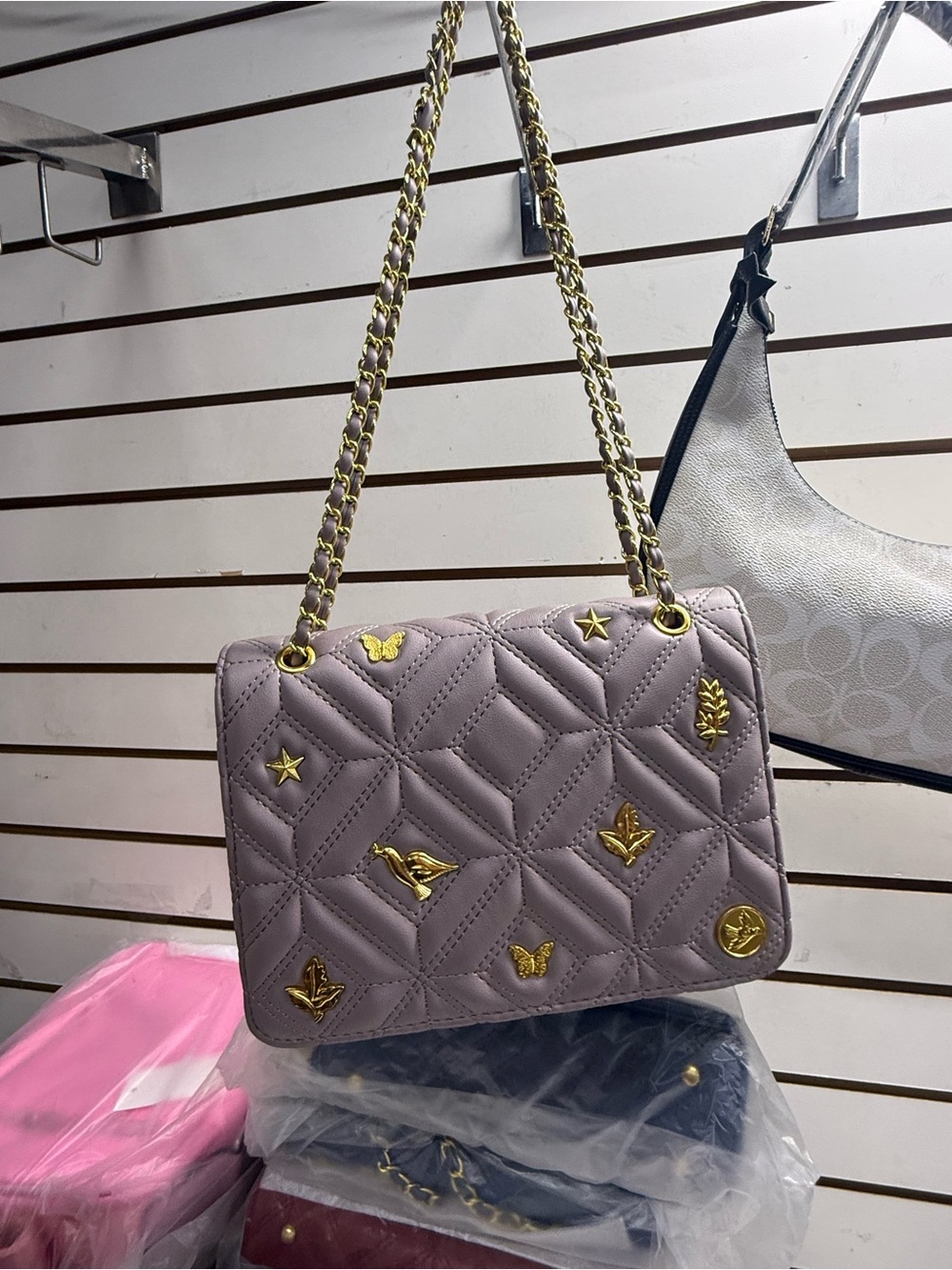 Quilted Lavender Chain Shoulder Bag with Gold Accents